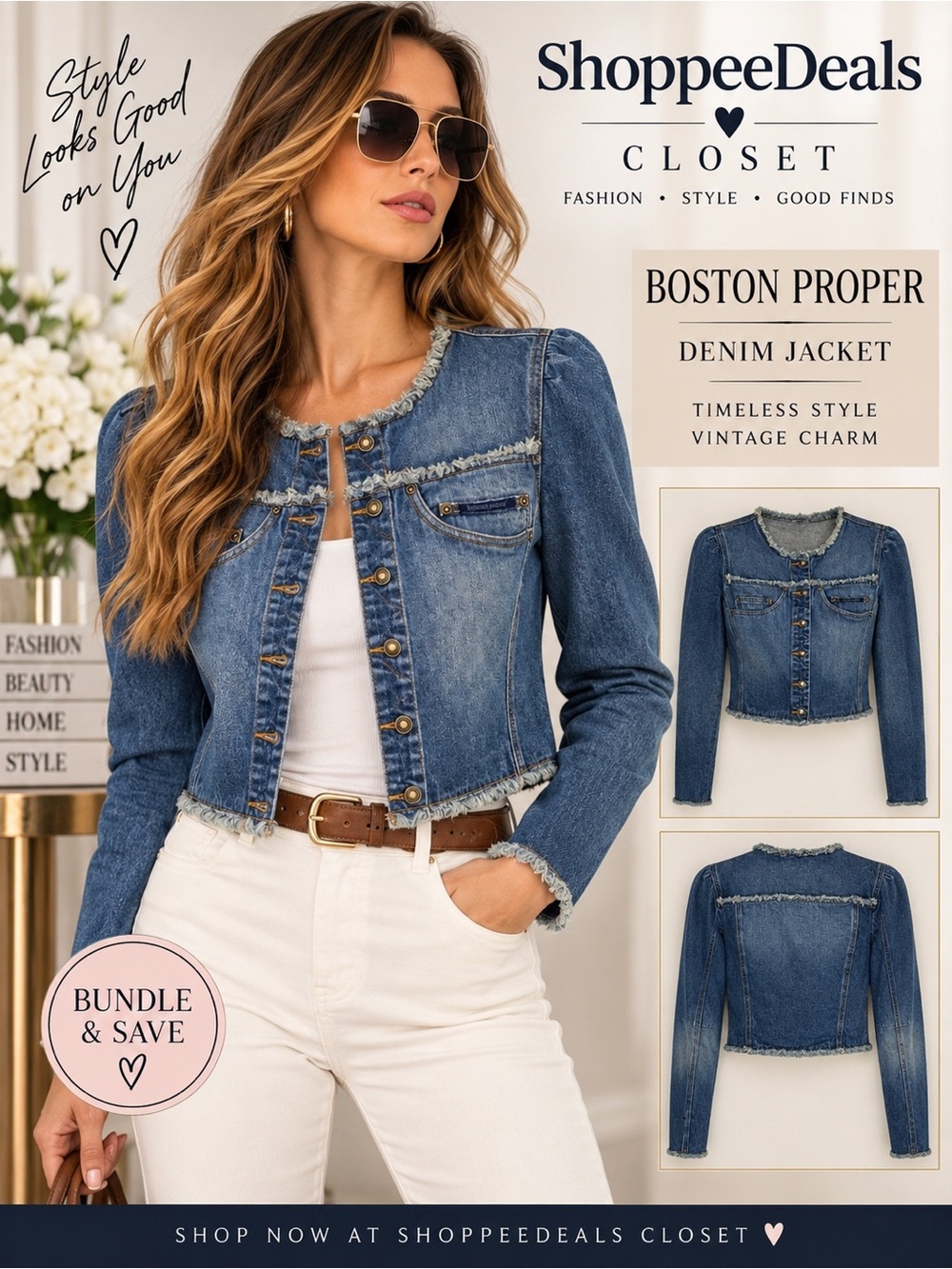 Vintage Boston Proper Cropped Denim Jacket Frayed Trim